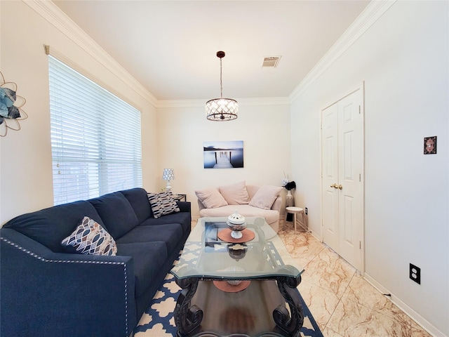 living room with visible vents, marble finish floor, baseboards, and ornamental molding