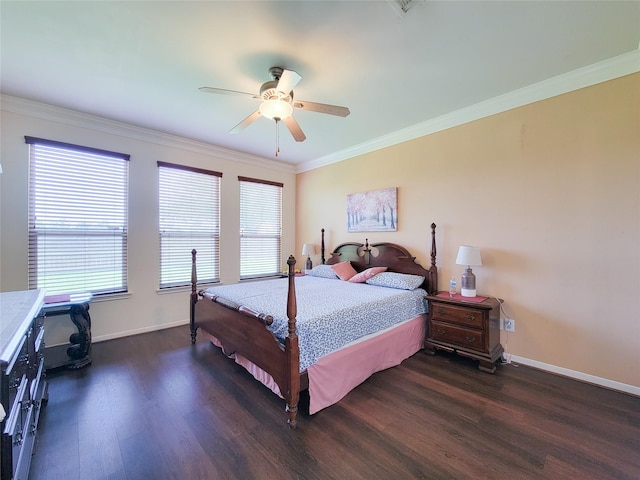 bedroom with ceiling fan, baseboards, ornamental molding, and dark wood-style flooring