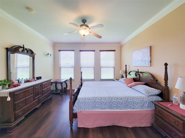 bedroom with multiple windows, crown molding, and dark wood-style flooring