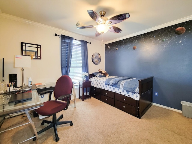 bedroom featuring visible vents, carpet flooring, ceiling fan, and crown molding