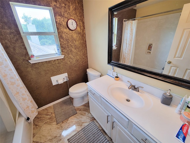 bathroom featuring vanity, marble finish floor, baseboards, toilet, and a shower with shower curtain