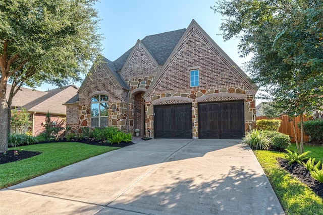 french country home featuring a garage, concrete driveway, stone siding, fence, and a front yard
