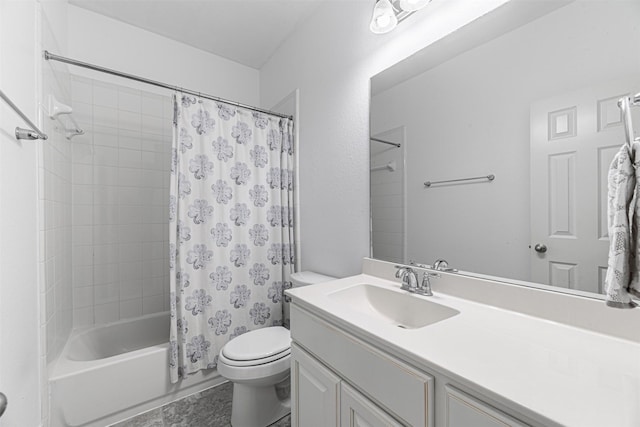 bathroom featuring toilet, vanity, and shower / bathtub combination with curtain