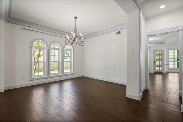 unfurnished dining area with a chandelier, plenty of natural light, visible vents, and baseboards