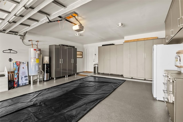 garage featuring a garage door opener, freestanding refrigerator, and water heater