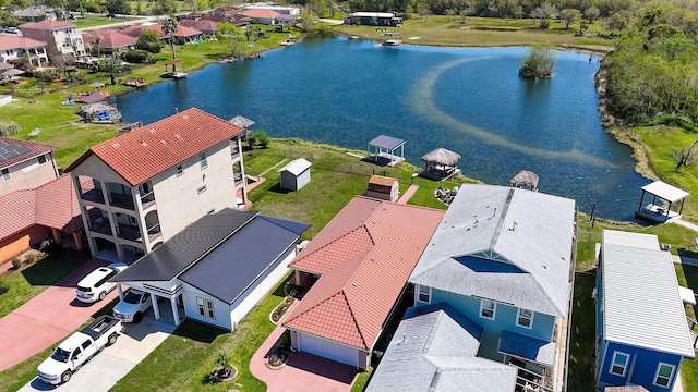 birds eye view of property featuring a water view and a residential view