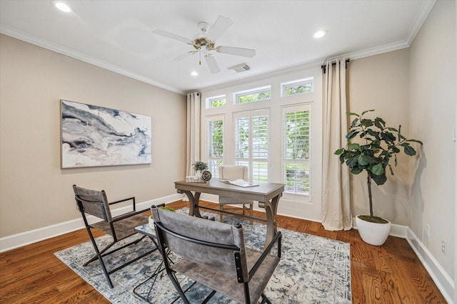 4404 Wendell St, Bellaire, TX 77401 - office space with crown molding, wood finished floors, baseboards, recessed lighting, and a ceiling fan