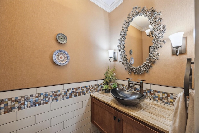 4404 Wendell St, Bellaire, TX 77401 - bathroom with ornamental molding, vanity, and tasteful backsplash