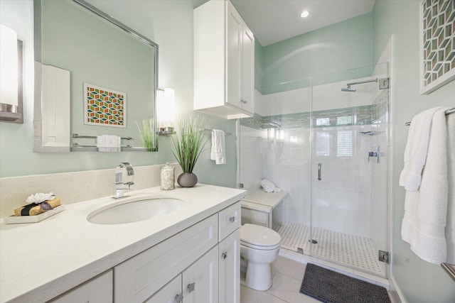 4404 Wendell St, Bellaire, TX 77401 - bathroom with toilet, tile patterned flooring, a shower stall, vanity, and recessed lighting