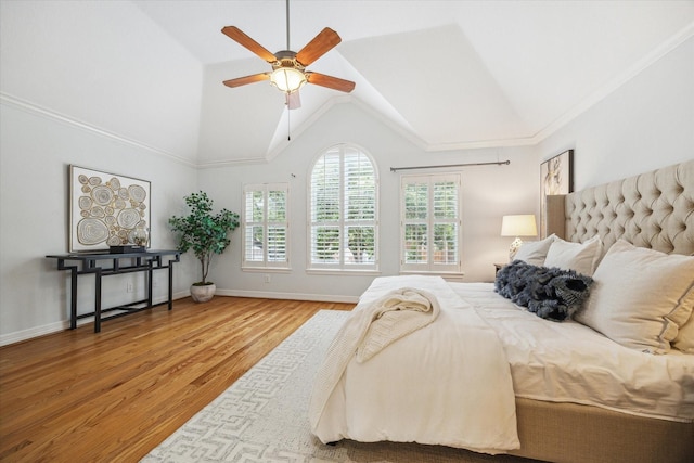 4404 Wendell St, Bellaire, TX 77401 - bedroom with wood finished floors, lofted ceiling, a ceiling fan, and baseboards
