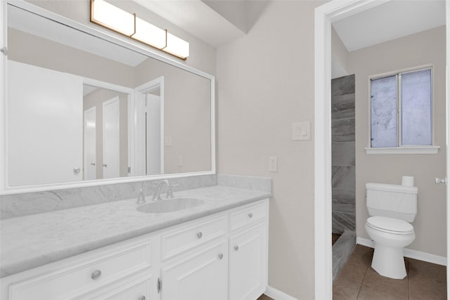 3142 La Quinta Dr, Missouri City, TX 77459 - full bathroom with vanity, baseboards, a tile shower, toilet, and tile patterned flooring