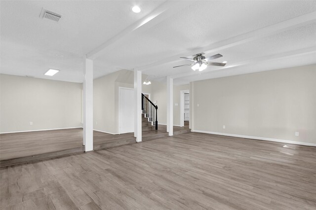 3142 La Quinta Dr, Missouri City, TX 77459 - unfurnished living room featuring a ceiling fan, wood finished floors, stairs, and visible vents