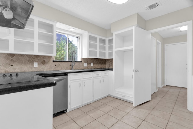 3142 La Quinta Dr, Missouri City, TX 77459 - kitchen featuring open shelves, dark countertops, dishwasher, and decorative backsplash