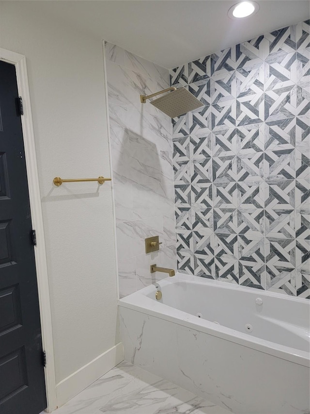 8424 Botany Ln, Houston, TX 77075 - full bathroom with marble finish floor, baseboards, recessed lighting, and a combined bath / shower with jetted tub