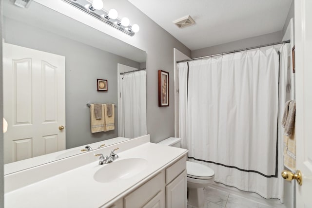 full bath with vanity, curtained shower, toilet, visible vents, and marble finish floor