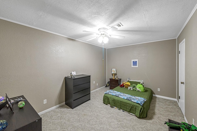 bedroom featuring crown molding, visible vents, carpet, and a textured ceiling
