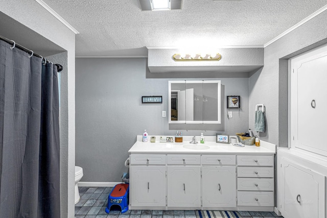 full bath featuring visible vents, toilet, a textured wall, a textured ceiling, and vanity
