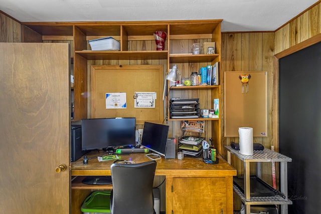 office area with wooden walls