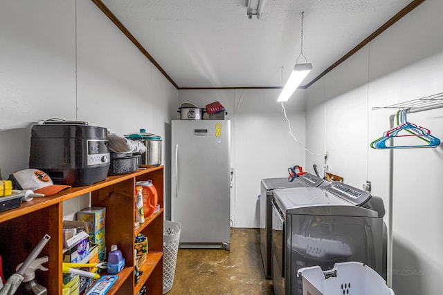 washroom featuring laundry area, washing machine and clothes dryer, and ornamental molding