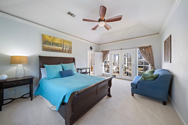 bedroom with carpet flooring, visible vents, access to outside, and french doors