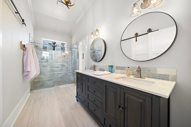 bathroom featuring a sink, double vanity, a stall shower, and crown molding