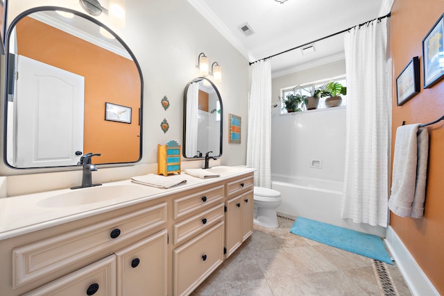 full bath with toilet, a sink, ornamental molding, and visible vents