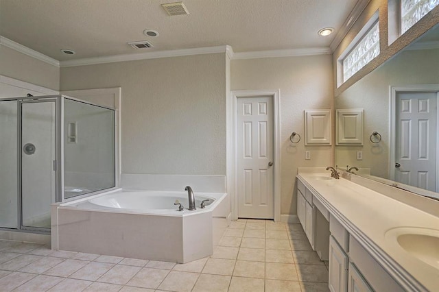 4810 N Pine Brook Way, Houston, TX 77059 - bathroom with a bath, a shower stall, double vanity, tile patterned floors, and crown molding