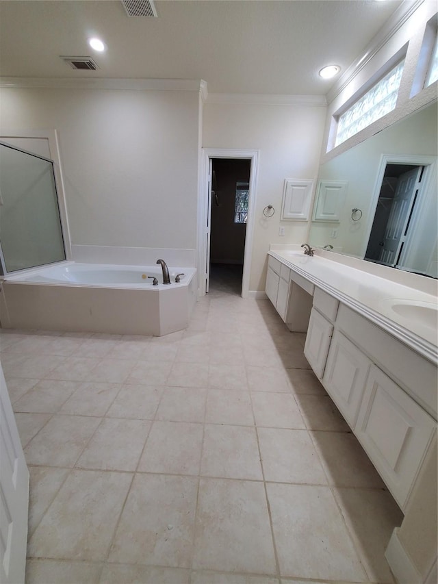 4810 N Pine Brook Way, Houston, TX 77059 - bathroom featuring ornamental molding, double vanity, a bath, a spacious closet, and tile patterned flooring