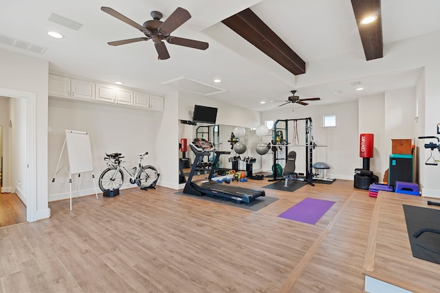 workout room with visible vents, ceiling fan, light wood finished floors, and recessed lighting