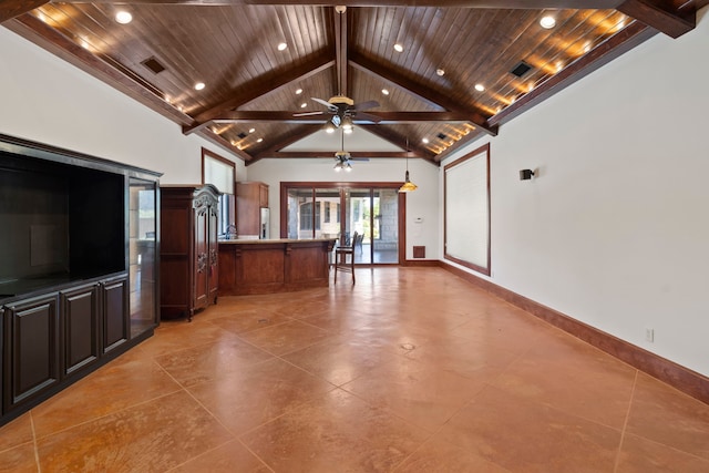 unfurnished living room featuring a ceiling fan, beamed ceiling, recessed lighting, and wood ceiling