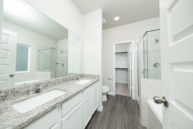 bathroom featuring a sink, a walk in closet, and a stall shower