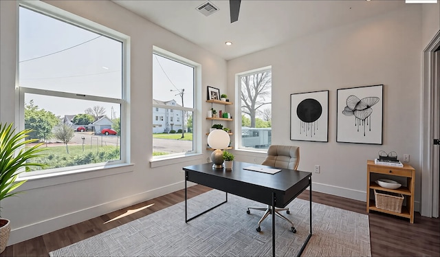 office featuring baseboards, wood finished floors, visible vents, and recessed lighting
