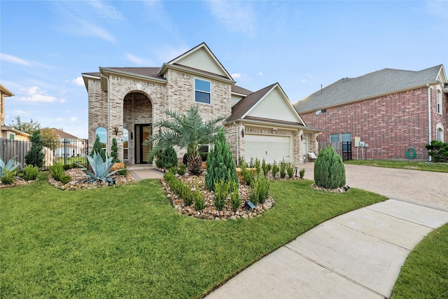 traditional home featuring an attached garage, driveway, fence, and a front lawn
