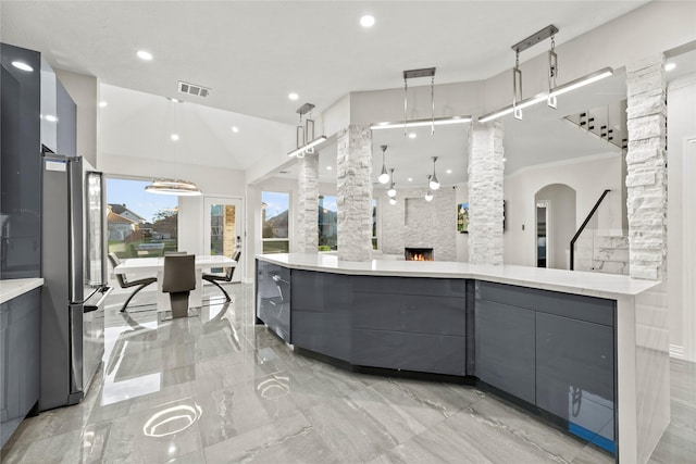 full bathroom featuring ornate columns, vanity, visible vents, recessed lighting, and marble finish floor