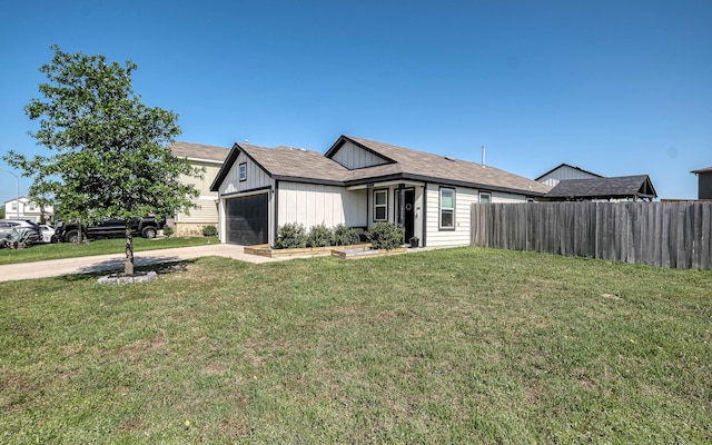 single story home featuring driveway, fence, an attached garage, and a front lawn