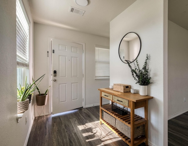 entrance foyer featuring visible vents, baseboards, and wood finished floors