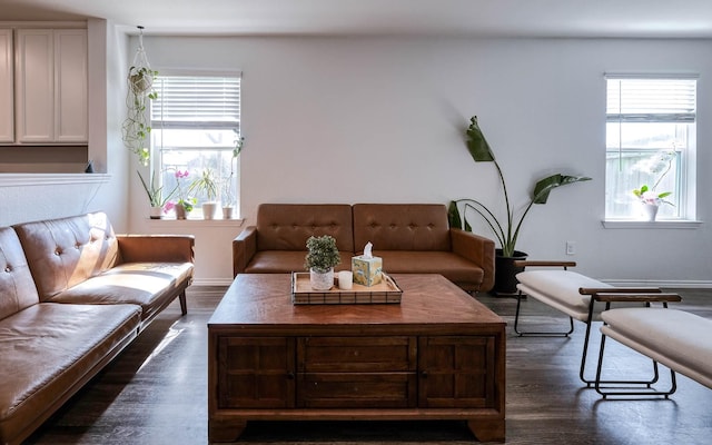 living room with a wealth of natural light, dark wood-type flooring, and baseboards