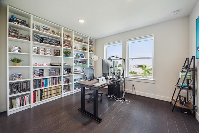 office area with baseboards, wood finished floors, and recessed lighting