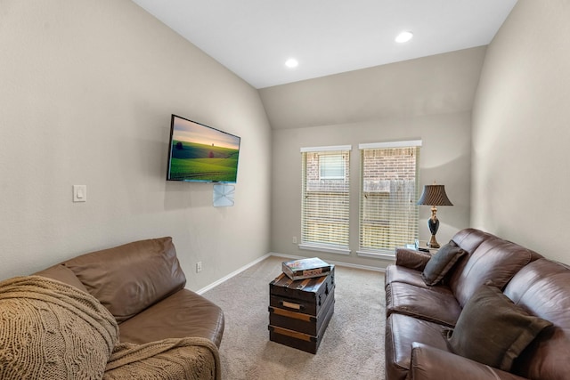living room with carpet floors, baseboards, recessed lighting, and lofted ceiling