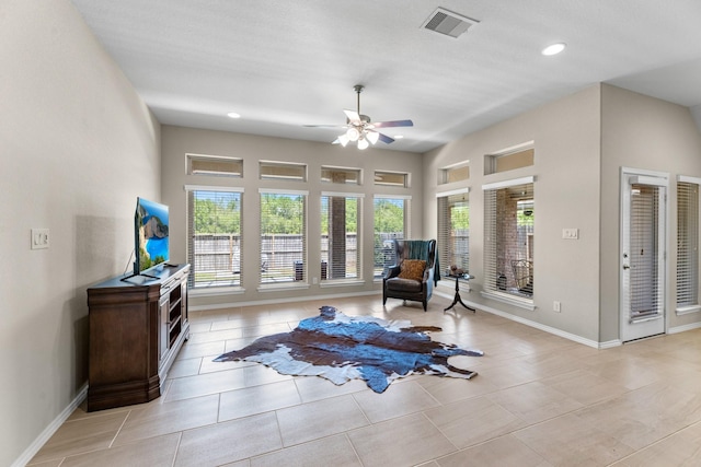 sitting room with ceiling fan, baseboards, visible vents, and recessed lighting