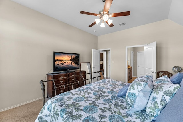 bedroom featuring carpet flooring, baseboards, a ceiling fan, and visible vents