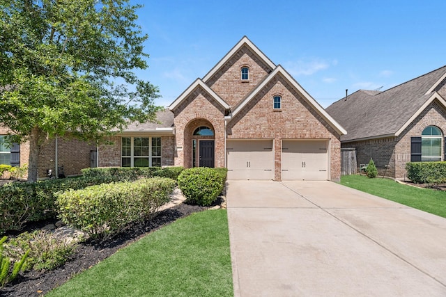 view of front of property featuring concrete driveway, roof with shingles, a front lawn, an attached garage, and brick siding