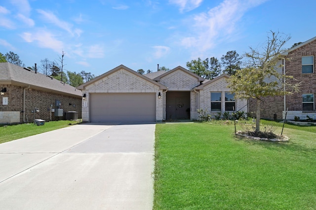 ranch-style house with central AC, an attached garage, brick siding, a front lawn, and driveway