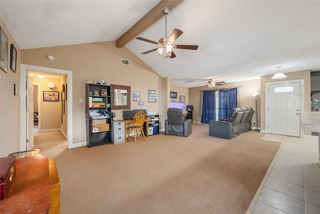 13918 Bretagne Dr, Houston, TX 77015 - living area featuring a ceiling fan, vaulted ceiling with beams, light carpet, light tile patterned flooring, and baseboards