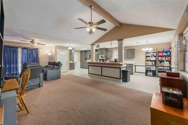 13918 Bretagne Dr, Houston, TX 77015 - living area with ceiling fan with notable chandelier, lofted ceiling with beams, light colored carpet, and light tile patterned floors