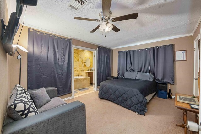 13918 Bretagne Dr, Houston, TX 77015 - carpeted bedroom featuring ensuite bath, visible vents, a textured ceiling, and ceiling fan