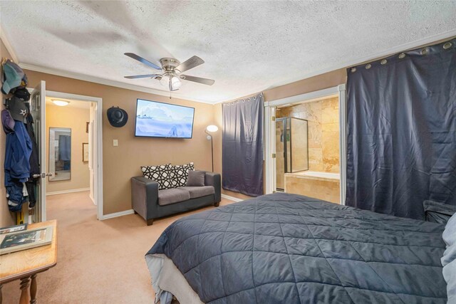 13918 Bretagne Dr, Houston, TX 77015 - bedroom featuring a textured ceiling, baseboards, carpet, ceiling fan, and connected bathroom
