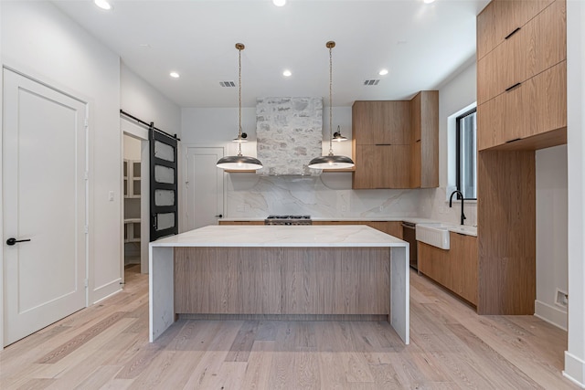 kitchen with light wood-style flooring, a sink, modern cabinets, and a barn door