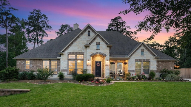 40377 Mostyn Dr, Magnolia, TX 77354 - french provincial home featuring stone siding, a chimney, a front lawn, and brick siding