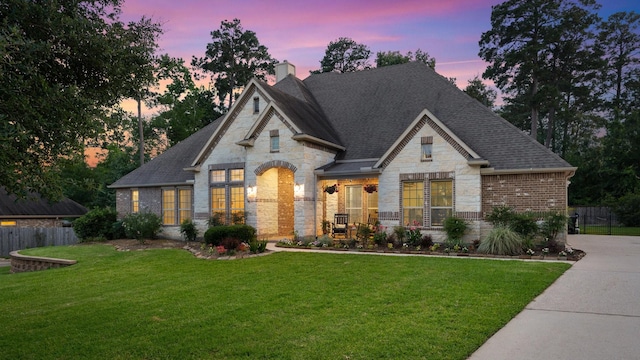 40377 Mostyn Dr, Magnolia, TX 77354 - french country inspired facade featuring stone siding, roof with shingles, a chimney, and brick siding